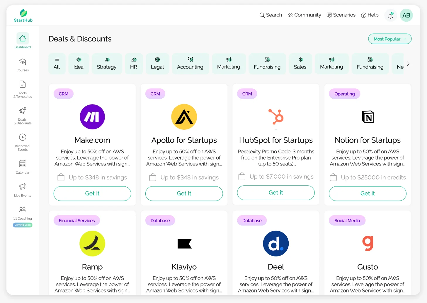 Student-facing side of the singular StartHub Scenarios page