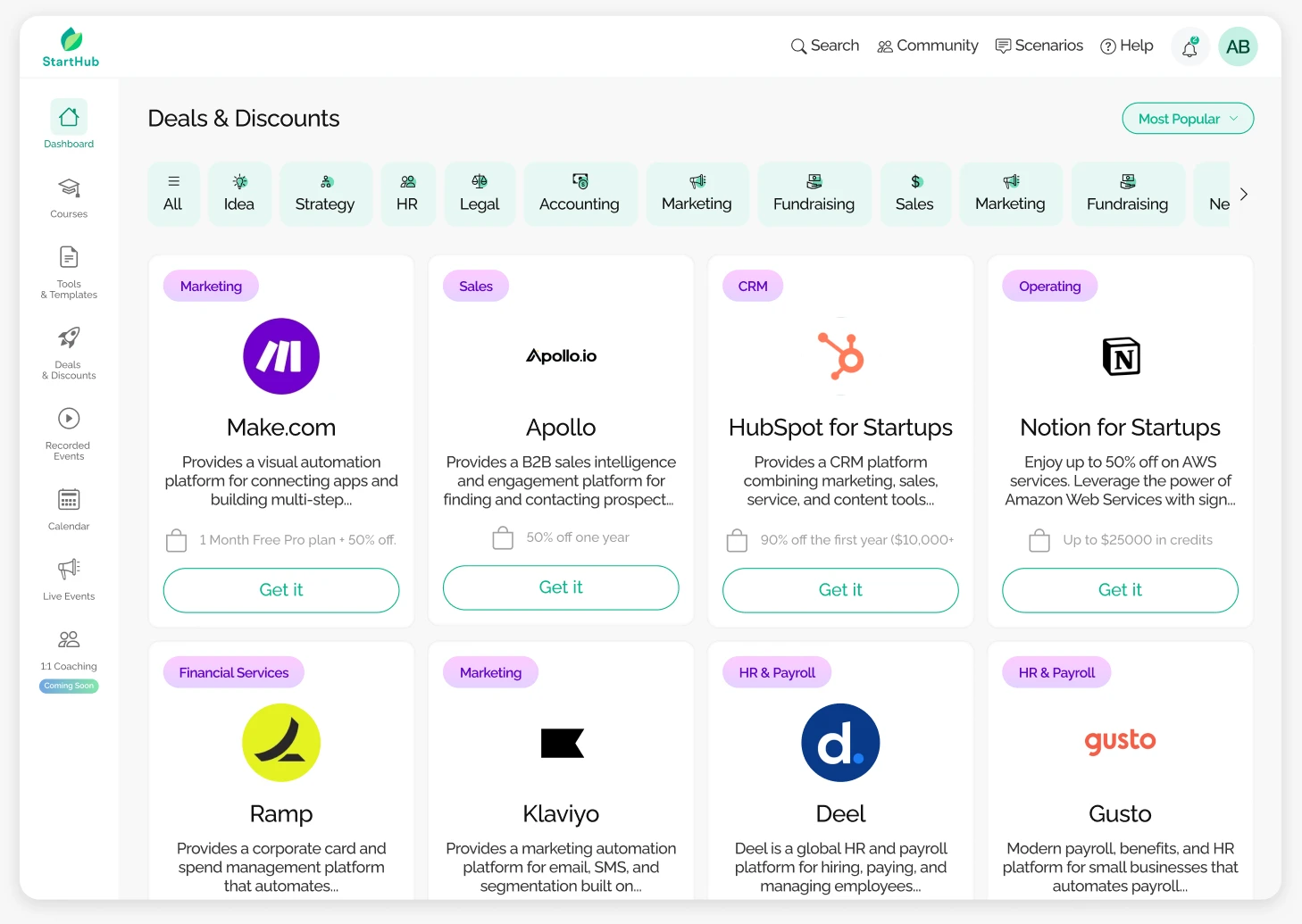 Student-facing side of the singular StartHub Scenarios page