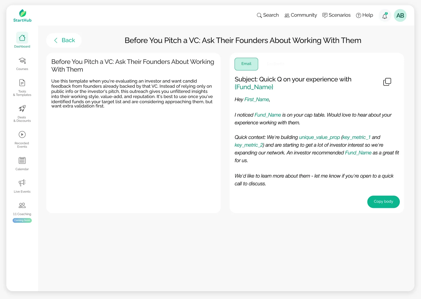 Student-facing side of the singular Email Template page