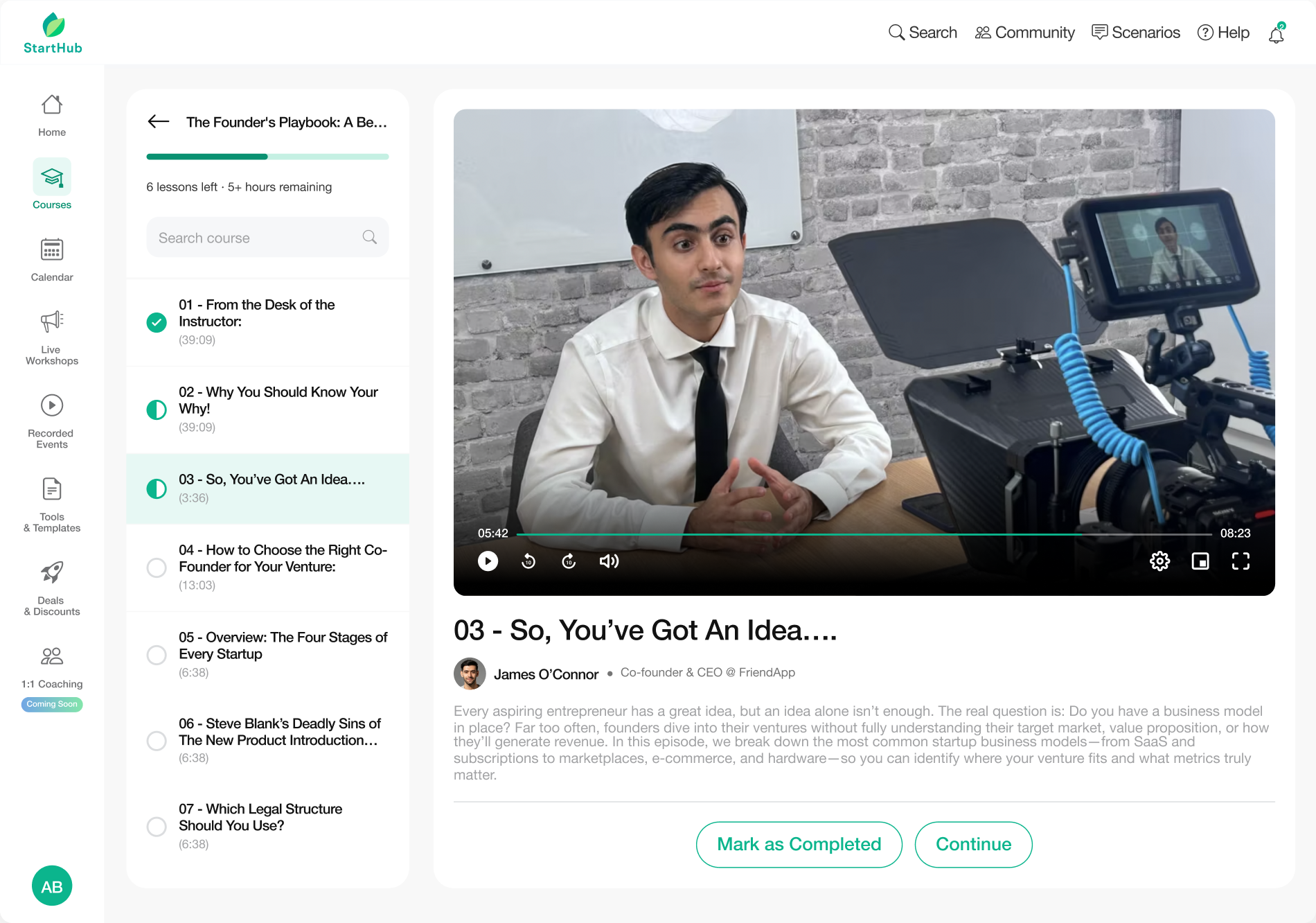 Student-facing side of the singular Live Workshops and Courses pages.
