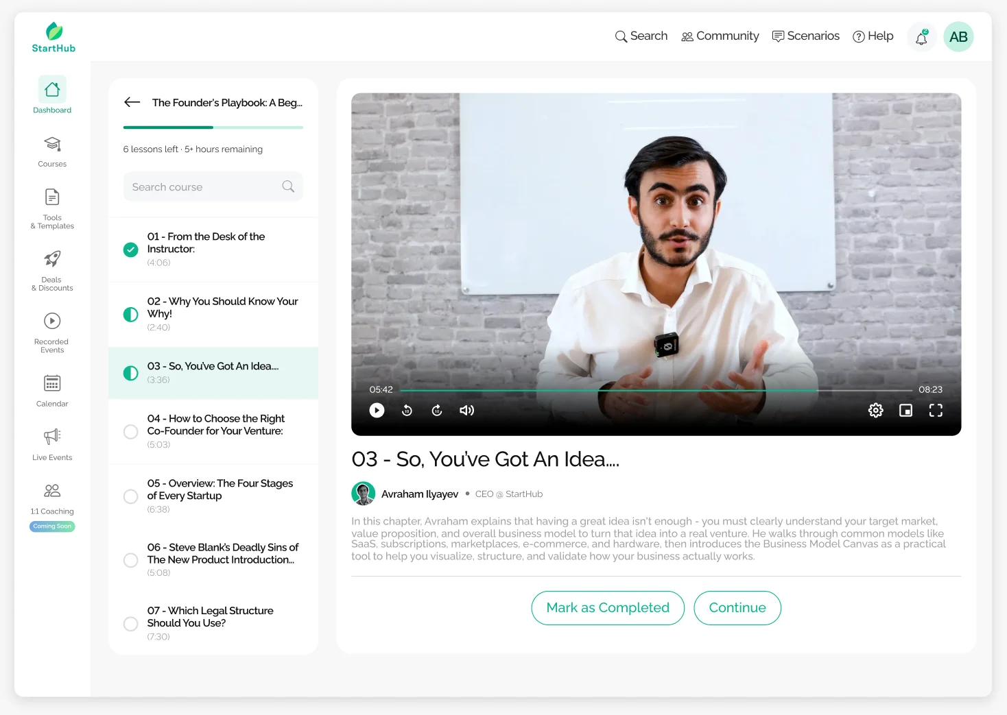 Student-facing side of the singular Live Workshops and Courses pages.