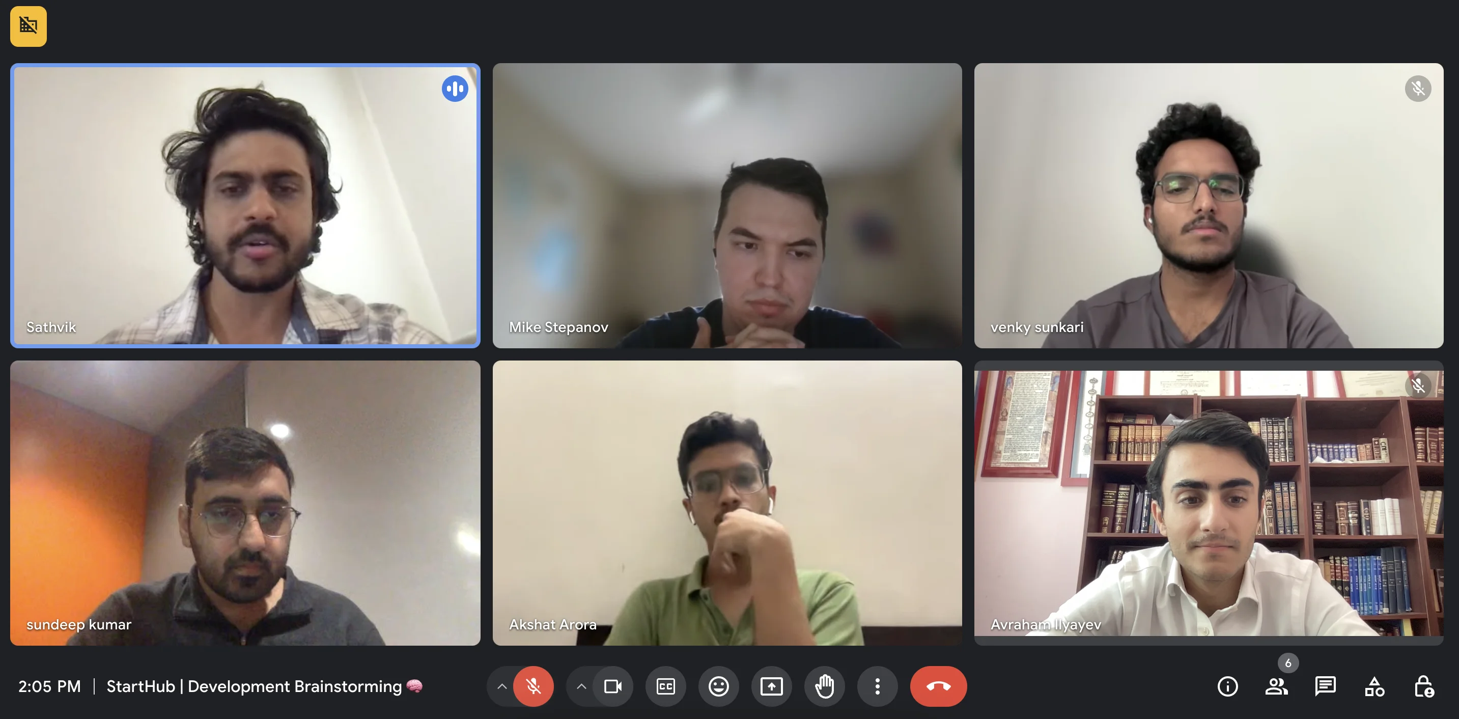 Video call grid showing the StartHub platform development team collaborating