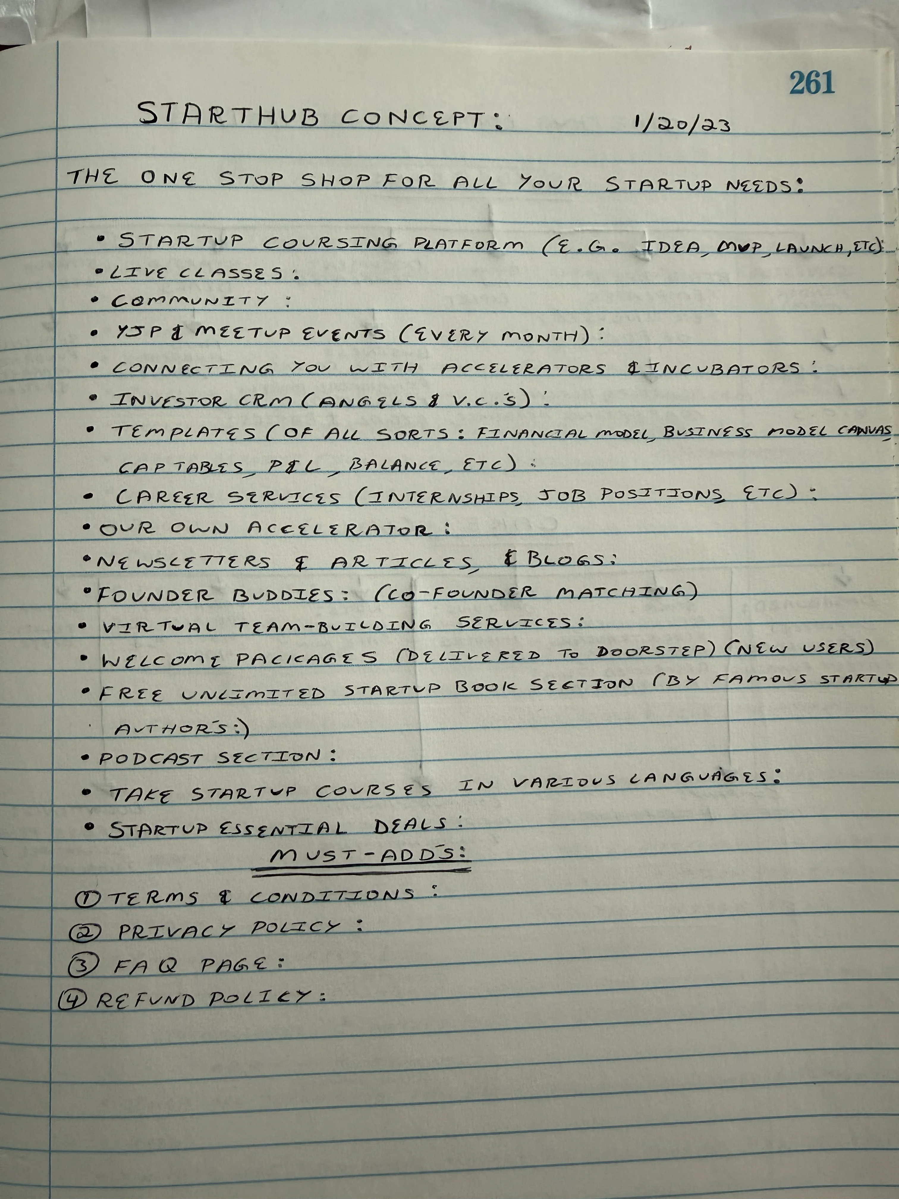 Handwritten notes outlining the StartHub vision on lined paper